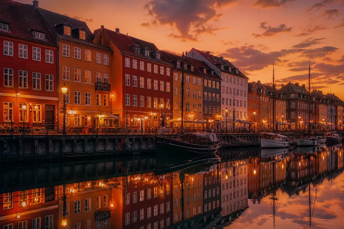 Nyhavn i varmt aftenlys